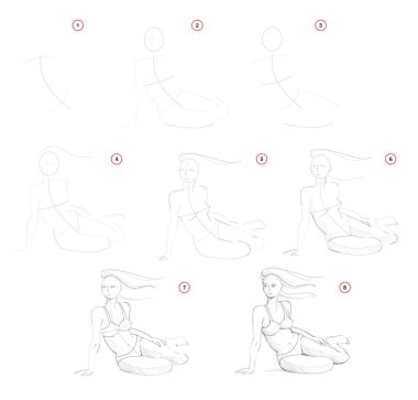 Creation step by step pencil drawing. Page shows how to learn draw sketch of imaginary sitting woman figure. School textbook for developing artistic skills. Hand-drawn vector image. clipart