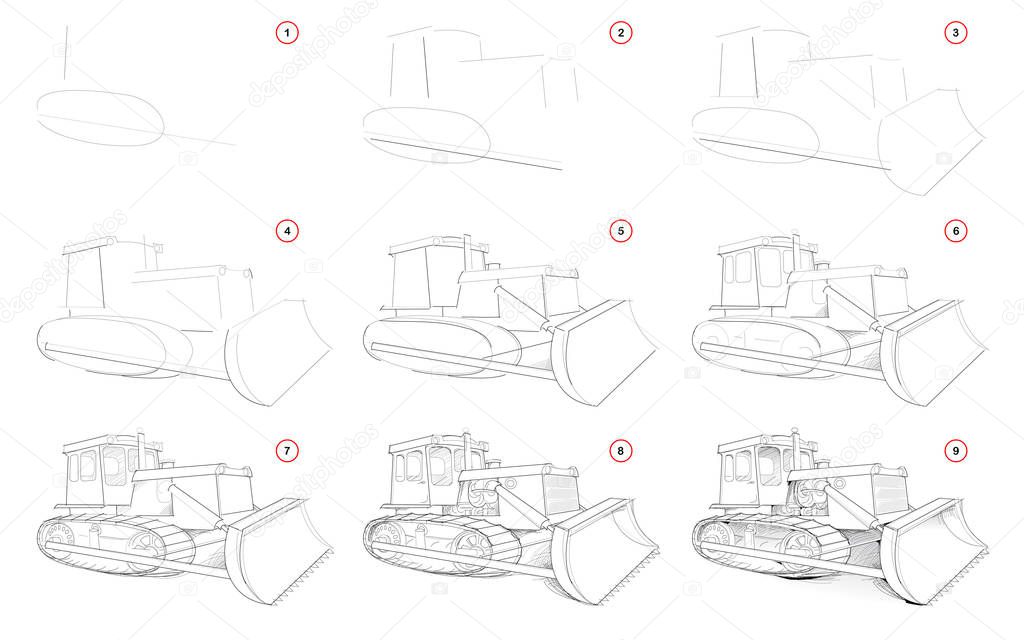 Creation step by step pencil drawing. Page shows how to learn draw sketch of powerful tractor with blade for clearing ground. School textbook for developing artistic skills. Hand-drawn vector image.