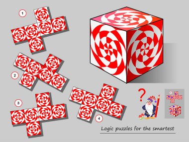 Akıllı için Mantık bulmaca oyunu. Küple eşleşen şablonu bulmanız gerekir. Brainteaser kitap için yazdırılabilir sayfa. Uzamsal düşünmeyi geliştirmek. Vektör karikatür görüntü.