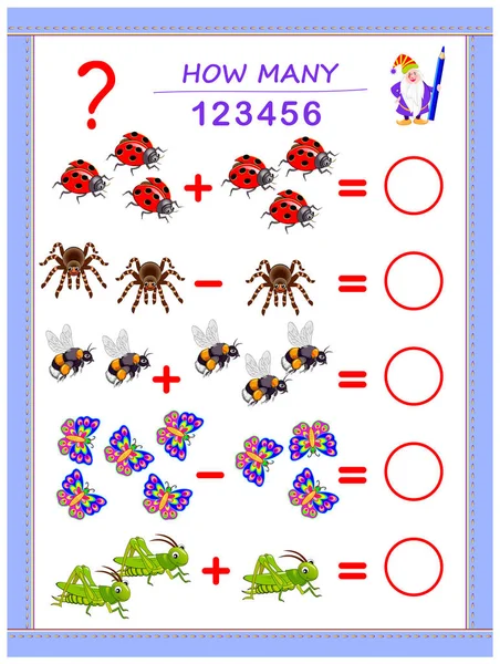 Educational Page Children Addition Subtraction Solve Examples Count Quantity Insects — Stock Vector