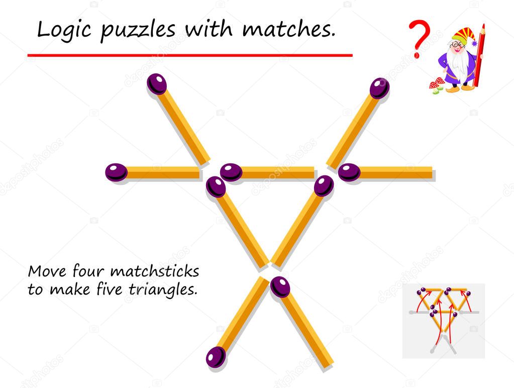 Logical puzzle game with matches. Need to move four matchsticks to make five triangles. Printable page for brainteaser book. Developing spatial thinking. Vector image.