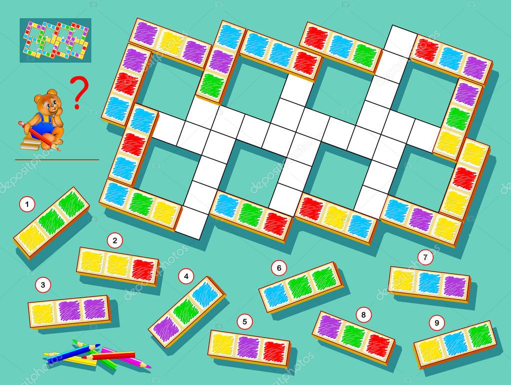 Logic puzzle game for children and adults. Find correct places for remaining blocks and paint white squares respecting domino rules. Printable page for brainteaser book. Developing spatial thinking.