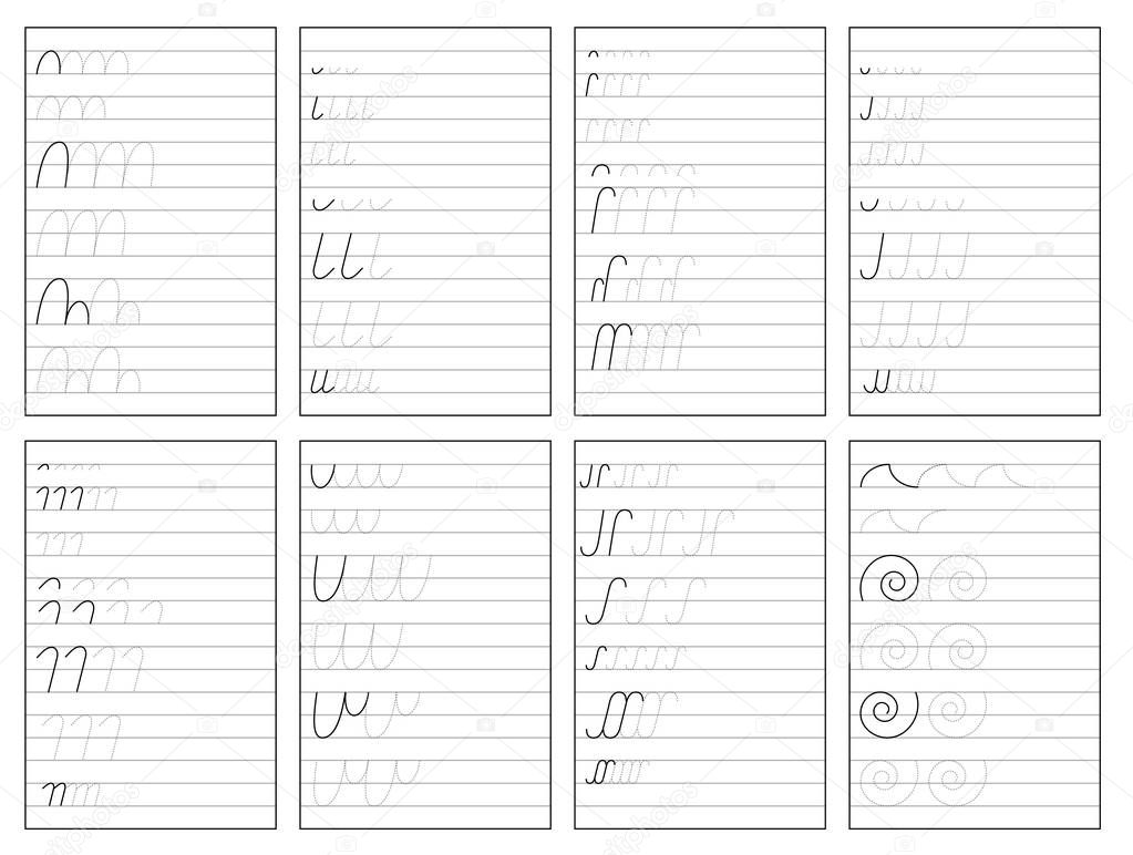 Set of black and white educational pages on line for kids. Printable worksheet for children textbook. Developing skills of counting, drawing, writing and tracing. Vector for baby book. Back to school.