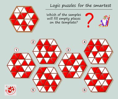 Akıllı için mantık puzzle oyunu. Örneklerden hangisi şablonda boş yerler dolduracak? Brainteaser kitap için yazdırılabilir sayfa. Uzamsal düşünme geliştirme. Vektör karikatür görüntü.