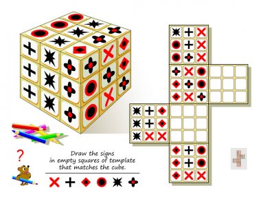 Akıllı için mantık puzzle oyunu. Küp eşleşen şablon boş kareler işaretleri çizin. Beyin teaser kitap için yazdırılabilir sayfa. Uzamsal düşünme becerilerini geliştirmek. Vektör karikatür görüntü.