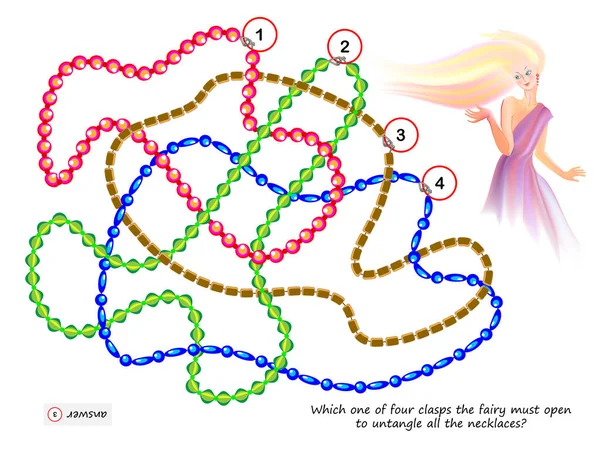 最も賢いのためのロジックパズルゲーム 妖精がすべてのネックレスを解くために開かなければならない4つの留め金のうちのどれですか ブレインティーザーブック用の印刷可能なページ 空間的思考の開発ベクトル漫画画像 — ストックベクタ