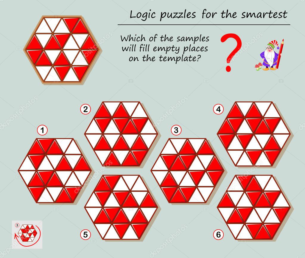 Logic puzzle game for smartest. Which of the samples will fill empty places on the template? Printable page for brainteaser book. Developing spatial thinking. Vector cartoon image.