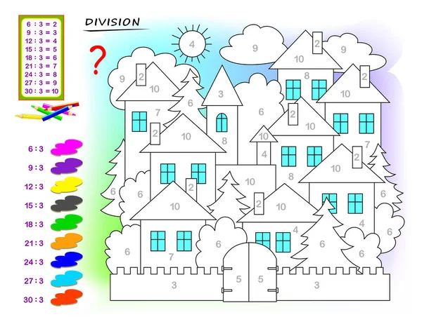 Ejercicios Para Niños Con División Por Número Pinta Cuadro Página — Vector de stock