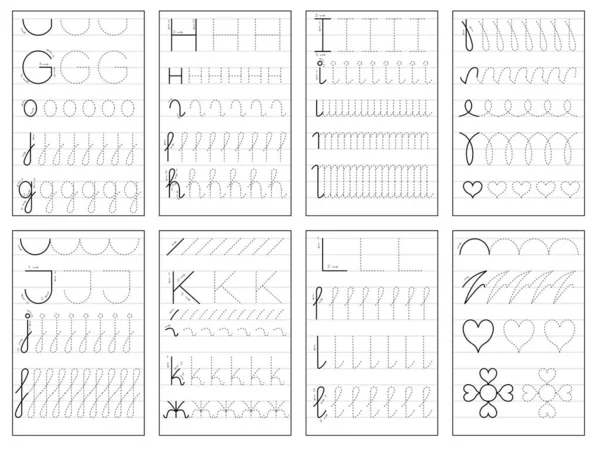 Set Black White Educational Pages Line Kids Book Trace Alphabet — Stock Vector