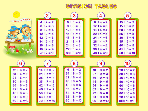 Division tables for little children. Educational page for mathematics baby book. Back to school. Printable worksheet for kids textbook. Vector cartoon image.
