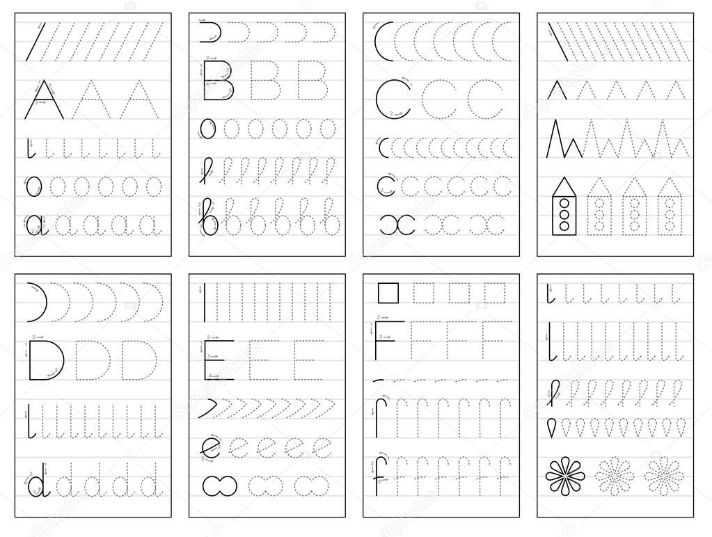 Set of black and white educational pages on line for kids book. Trace alphabet letters from A to F. Printable worksheet for children textbook. Developing skills of writing. Back to school.