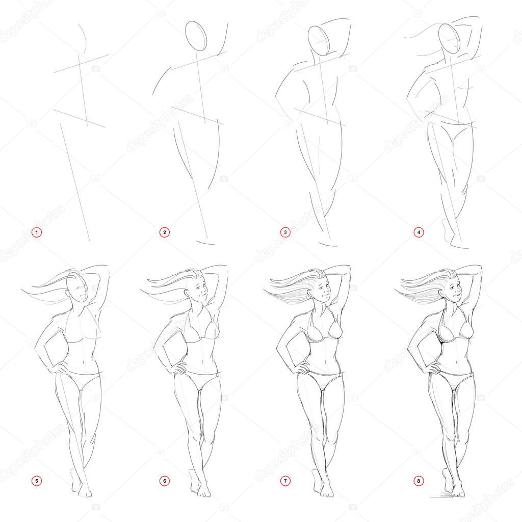 Creation step by step pencil drawing. Page shows how to learn draw sketch of imaginary standing woman figure. School textbook for developing artistic skills. Hand-drawn vector image.