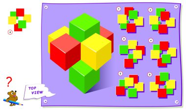 Çocuklar için mantık bulmaca oyunu. Küplerin doğru üst görünümünü bulmak gerekir. Okul ders kitabı çalışma sayfası. Brainteaser kitap için yazdırılabilir sayfa. Çocukların mekansal düşünme becerilerinin geliştirilmesi.