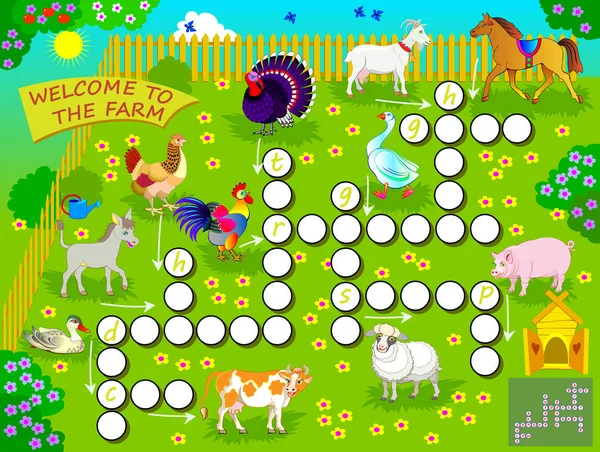纵横字谜游戏与家庭农场动物 儿童学习英语语言和单词的教育页面 儿童课本可打印工作表 回学校去矢量卡通图像 — 图库矢量图片