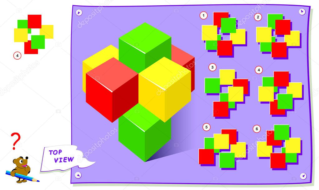 Logic puzzle game for kids. Need to find correct top view of cubes. Worksheet for school textbook. Printable page for brainteaser book. Development of children spatial thinking skills.