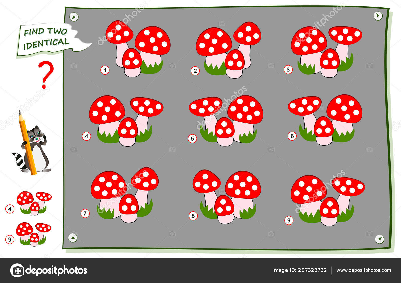 logical puzzle game children adults find two identical images mushrooms stock vector image by c nataljacernecka 297323732