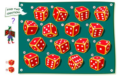 Çocuklar ve yetişkinler için mantıksal bulmaca oyunu. İki özdeş zar bulun. Brainteaser kitap için yazdırılabilir sayfa. Çocukların mekansal düşünme becerilerinigeliştirmek. Iq mantık beyin eğitim testi. Vektör karikatür görüntü.