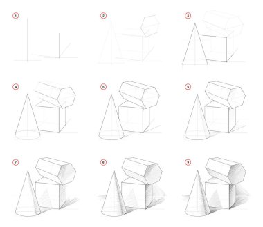 Nasıl geometrik şekiller ile natürmort adım akıllıca kroki çizmek için. Adım kalem çizimi ile adım adım oluşturma. Eğitim sayfası. Sanatsal becerileri geliştirmek için okul ders kitabı. Elle çizilmiş vektör görüntüsü.