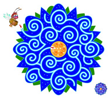 Çocuklar ve yetişkinler için labirent ile Mantıksal bulmaca oyunu. Arı çiçek bal kadar yol bulmasını yardımcı olur. Çocuklar brainteaser kitap için yazdırılabilir çalışma sayfası. Iq eğitim testi. Vektör karikatür görüntü.