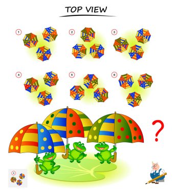 Çocuklar ve yetişkinler için Mantık bulmaca oyunu. Şemsiyelerin doğru üst görünümünü bulmak gerekir. Beyin teaser kitap için yazdırılabilir sayfa. Uzamsal düşünme becerilerinin geliştirilmesi. Iq eğitim testi. Vektör karikatür görüntü.