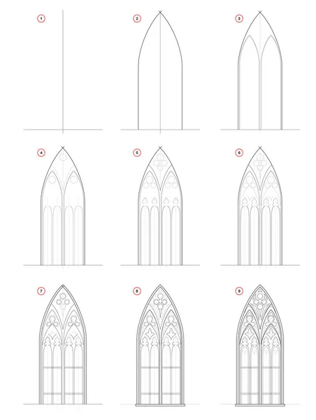 Come Disegnare Passo Saggio Schizzo Bella Vetrate Gotiche Creazione Passo — Vettoriale Stock