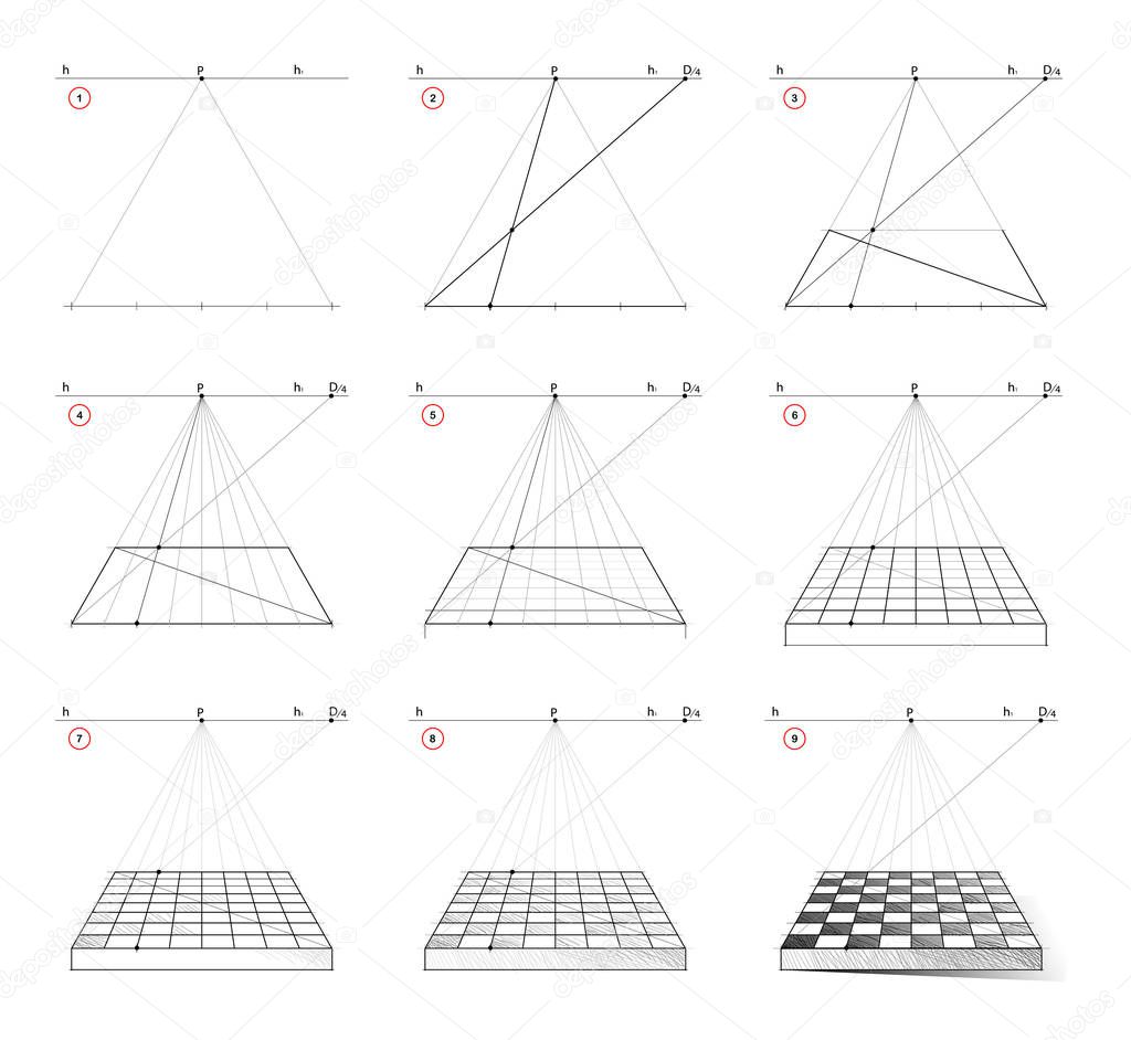 How to draw step by step chess board in perspective with vanishing point. Creation step-wise pencil drawing. Educational page for school textbook for developing artistic skills. Hand-drawn vector.