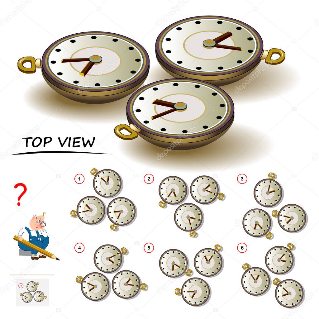 Logic puzzle game for children and adults. Need to find correct top view of watch. Printable page for brain teaser book. Developing spatial thinking skills. IQ training test. Vector cartoon image.