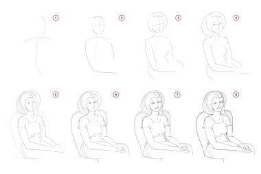 How to draw step-wise imaginary portrait of beautiful sitting woman. Creation step by step pencil drawing. Educational page. School textbook for developing artistic skills. Hand-drawn vector image. clipart