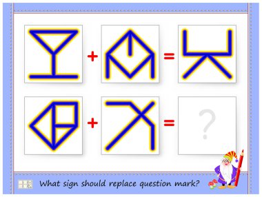 Çocuklar ve yetişkinler için matematiksel mantık bulmaca oyunu. Soru işaretinin yerine hangi işaret alınmalıdır? Onu çiz. Beyin teaser kitap için yazdırılabilir sayfa. Uzamsal düşünme becerilerinin geliştirilmesi. Iq eğitim testi.