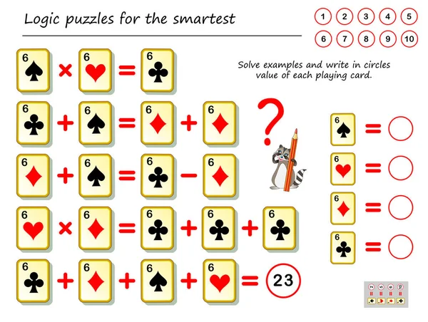 Lógica Matemática Juego Puzzle Resuelve Ejemplos Cuenta Valor Cada Carta — Archivo Imágenes Vectoriales