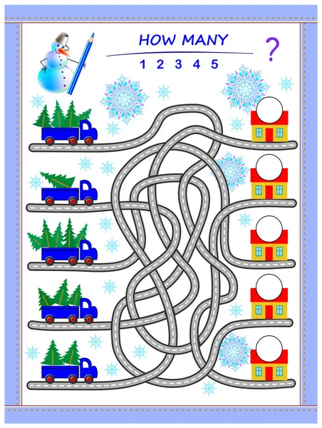 Labirent Olan Çocuklar Için Mantık Bulmaca Oyunu Kamyonlardaki Noel Ağaçlarının — Stok Vektör