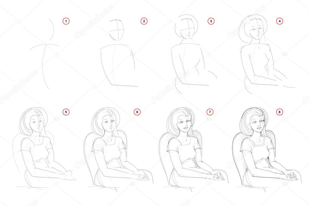 How to draw step-wise imaginary portrait of beautiful sitting woman. Creation step by step pencil drawing. Educational page. School textbook for developing artistic skills. Hand-drawn vector image.
