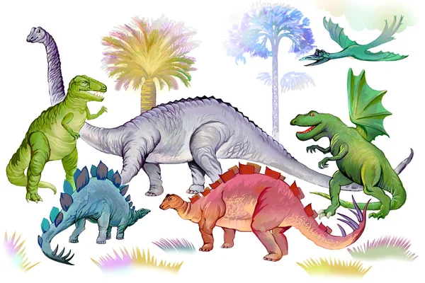 Grupo De Dinossauros. T Rex, Brachiosaurus, Pteranodon E Triceratops.  Animais Jurássicos. Crianças Brinquedos, Atração E Parque De  Entretenimento. Ilustração De Desenho Animado Isolada No Fundo Branco Foto  Royalty Free, Gravuras, Imagens e