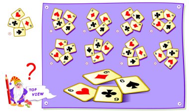 Çocuklar için mantık bulmaca oyunu. Iskambil kağıtlarının doğru üst görünümünü bulmanız gerekir. Okul ders kitabı çalışma sayfası. Beyin teaser kitap için yazdırılabilir sayfa. Çocukların mekansal düşünme becerilerinin geliştirilmesi.