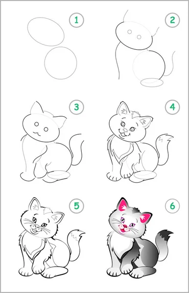 How Draw Step Step Cute Little Kitten Educational Page Kids — Stock Vector