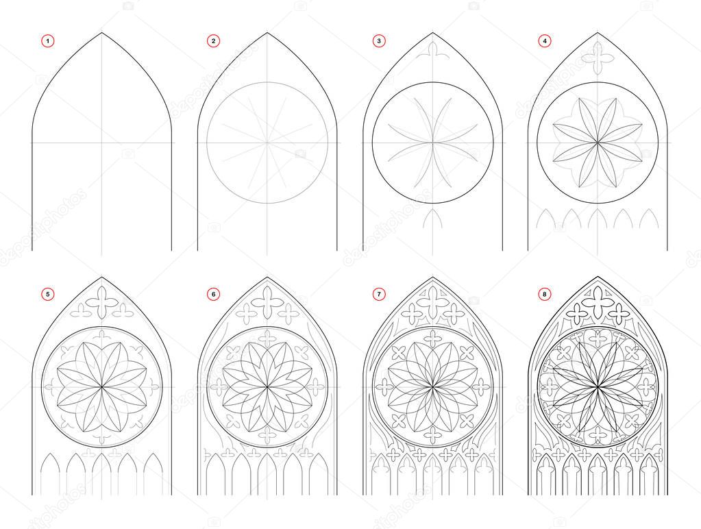 How to draw step-wise sketch of Gothic stained glass window with rose. Creation step by step pencil drawing. Educational page for school textbook for developing artistic skills. Hand-drawn vector.