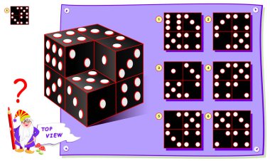 Çocuklar için mantık bulmaca oyunu. Zar oynarken doğru üst görünümü bulmak gerekir. Okul ders kitabı çalışma sayfası. Beyin teaser kitap için yazdırılabilir sayfa. Çocukların mekansal düşünme becerilerinin geliştirilmesi.
