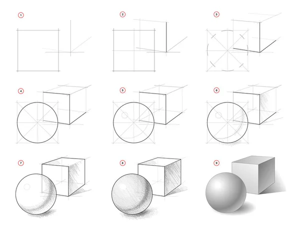Намалювати Ескіз Покрокового Натюрморту Геометричних Фігур Кубика Кульки Створення Покрокового — стоковий вектор