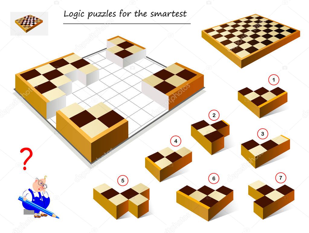 Logic puzzle game for smartest. Need to find correct place for each block and collect chess board. Printable page for brain teaser book. Developing spatial thinking. IQ training test. Vector image.