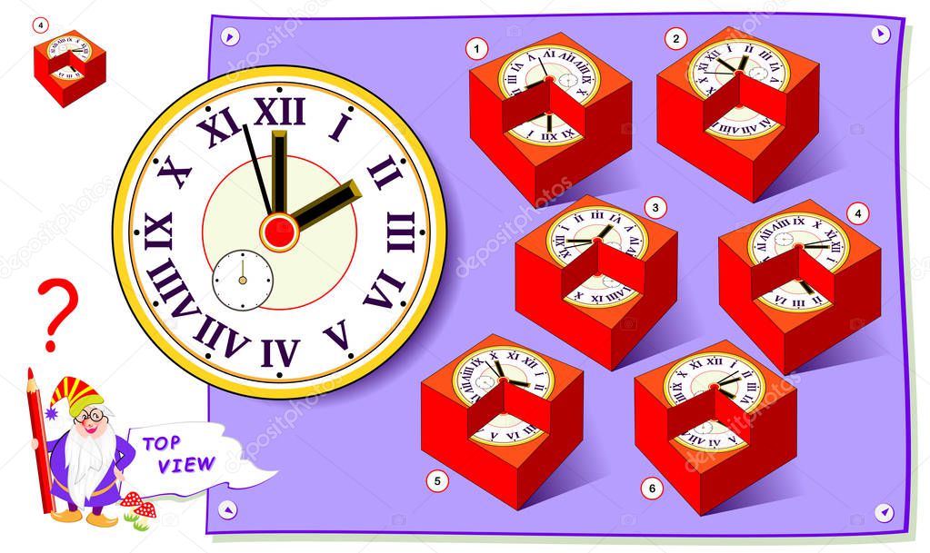 Logic puzzle game for kids. Need to find cube matching top view of clock. Worksheet for school textbook. Printable page for brain teaser book. Development of children spatial thinking skills.