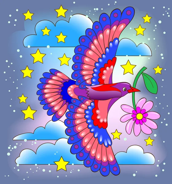 Екзотичний Птах Літає Нічному Небі Дитячої Книги Фантастична Ілюстрація Дітей — стоковий вектор