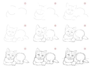 Nasıl sevimli küçük kedi yavrusu adım akıllıca hayali kroki çizmek için. Adım kalem çizimi ile adım adım oluşturma. Eğitim sayfası. Sanatsal becerileri geliştirmek için okul ders kitabı. Elle çizilmiş vektör görüntüsü.