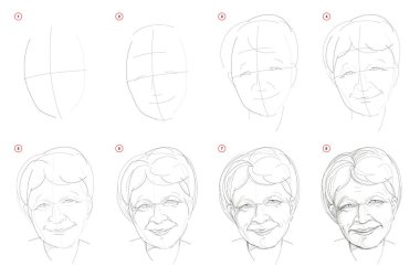 How to draw step-wise imaginary portrait of old smiling women. Creation step by step pencil drawing. Educational page. School textbook for developing artistic skills. Hand-drawn vector image. clipart