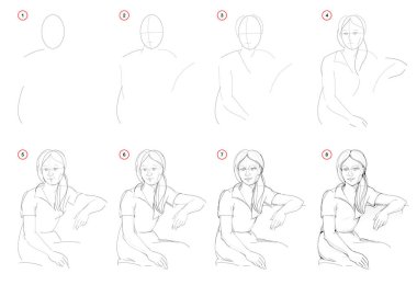 How to draw step-wise imaginary portrait of beautiful sitting girl. Creation step by step pencil drawing. Educational page. School textbook for developing artistic skills. Hand-drawn vector image. clipart