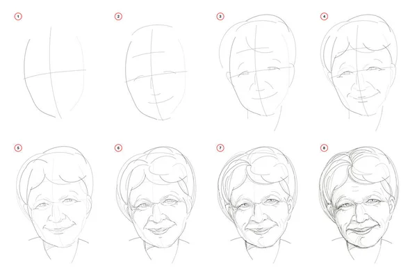Намалювати Покроковий Уявний Портрет Старих Усміхнених Жінок Створення Покрокового Креслення — стоковий вектор