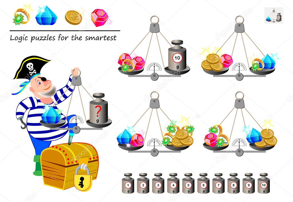 Mathematical logic puzzle game. Help the pirate calculate the weight of diamond. What weight must he put on weighing scales? Printable page for brain teaser book. Developing spatial thinking skills.