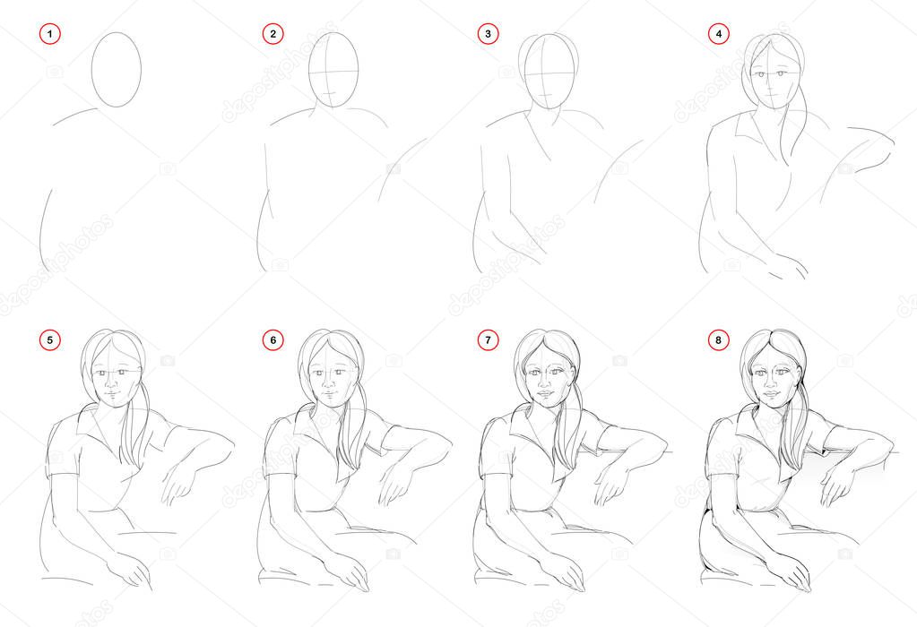 How to draw step-wise imaginary portrait of beautiful sitting girl. Creation step by step pencil drawing. Educational page. School textbook for developing artistic skills. Hand-drawn vector image.