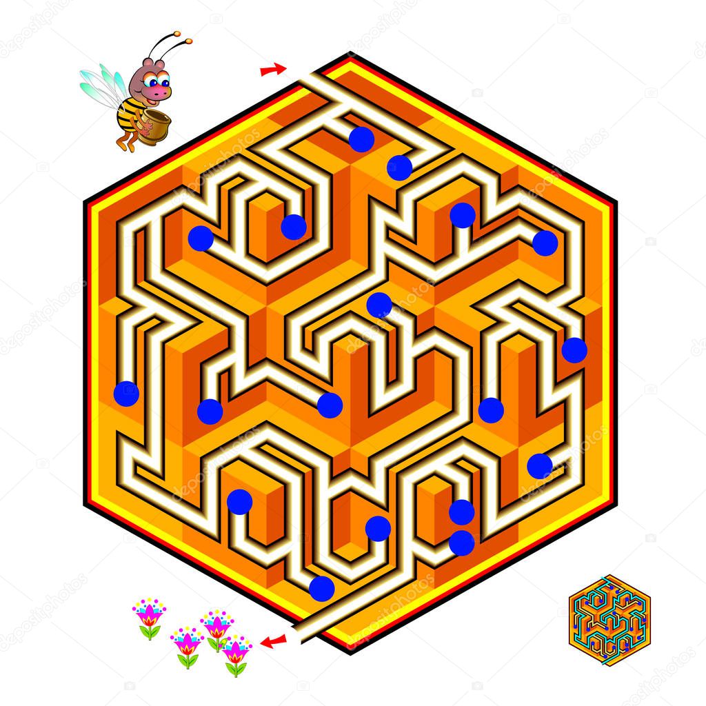 Logical puzzle game with labyrinth for children and adults. Help the little bee find the way in honeycomb till flowers. Printable worksheet for kids brain teaser book. IQ test. Vector cartoon image.