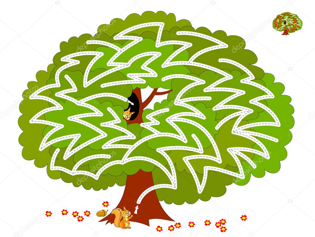 Logical puzzle game with labyrinth for children and adults. Help the squirrel find way in the tree till his friend. Printable worksheet for kids brain teaser book. IQ test. Vector cartoon image.