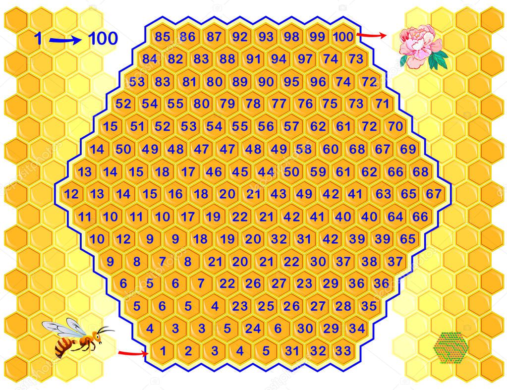 Logical puzzle game with labyrinth for children and adults. Find way from number 1 till 100. Printable worksheet for kids brain teaser book. Developing counting skills. IQ test. Vector cartoon image.